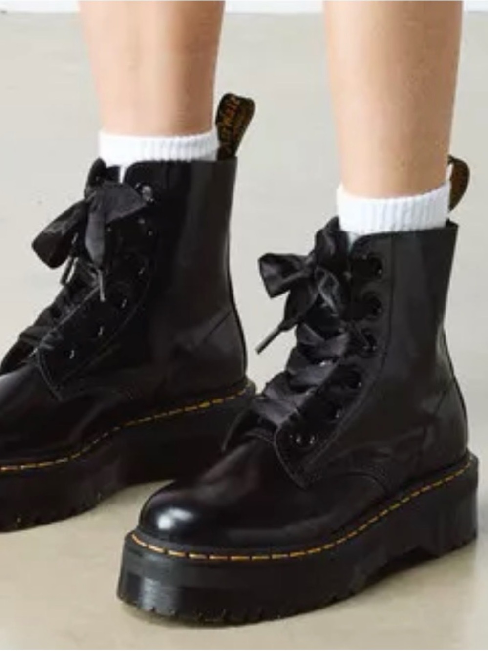 Dr. Martens Molly Black Platform Combat Boots with Satin Ribbon Laces